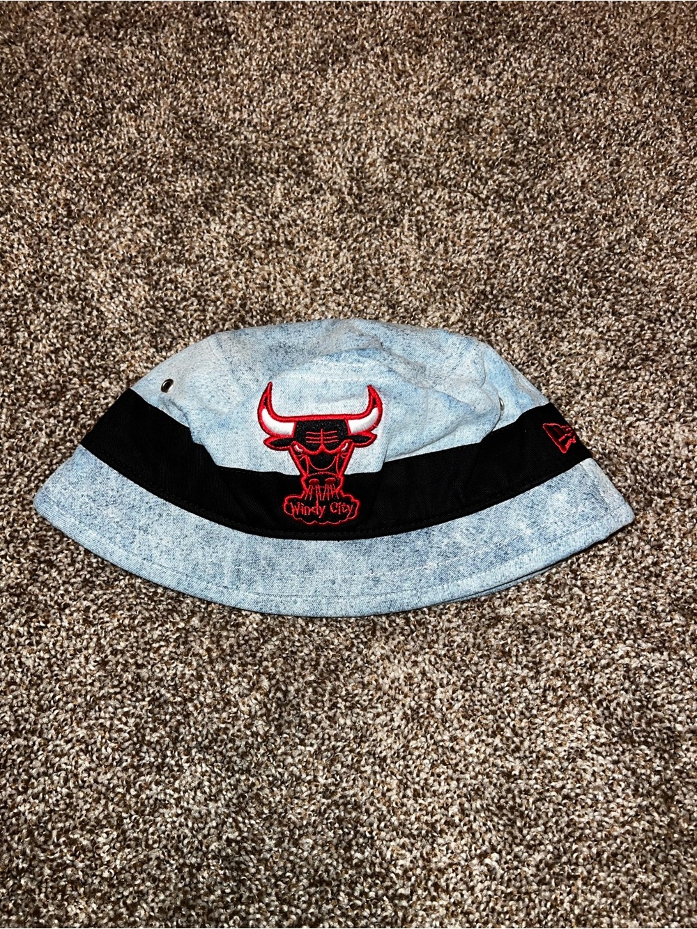 New Era Kids Light Blue Denim Bucket Hat with Black Band and Red Logo